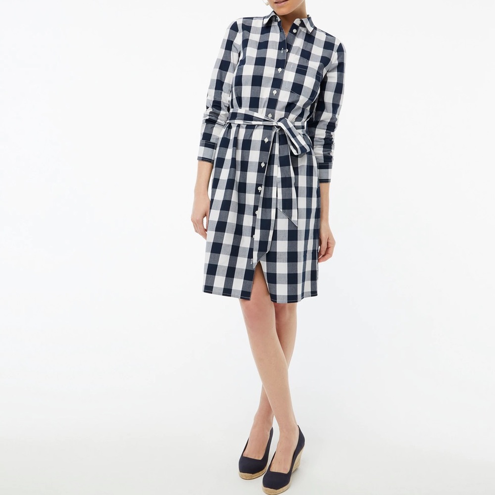 J Crew New Gingham plaid belted shirtdress long sleeve button up‎